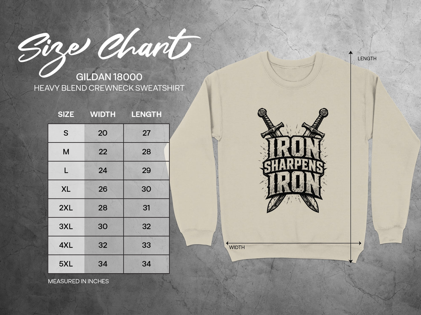 Gildan 18000 sweatshirt size chart with two crossed swords graphic.
