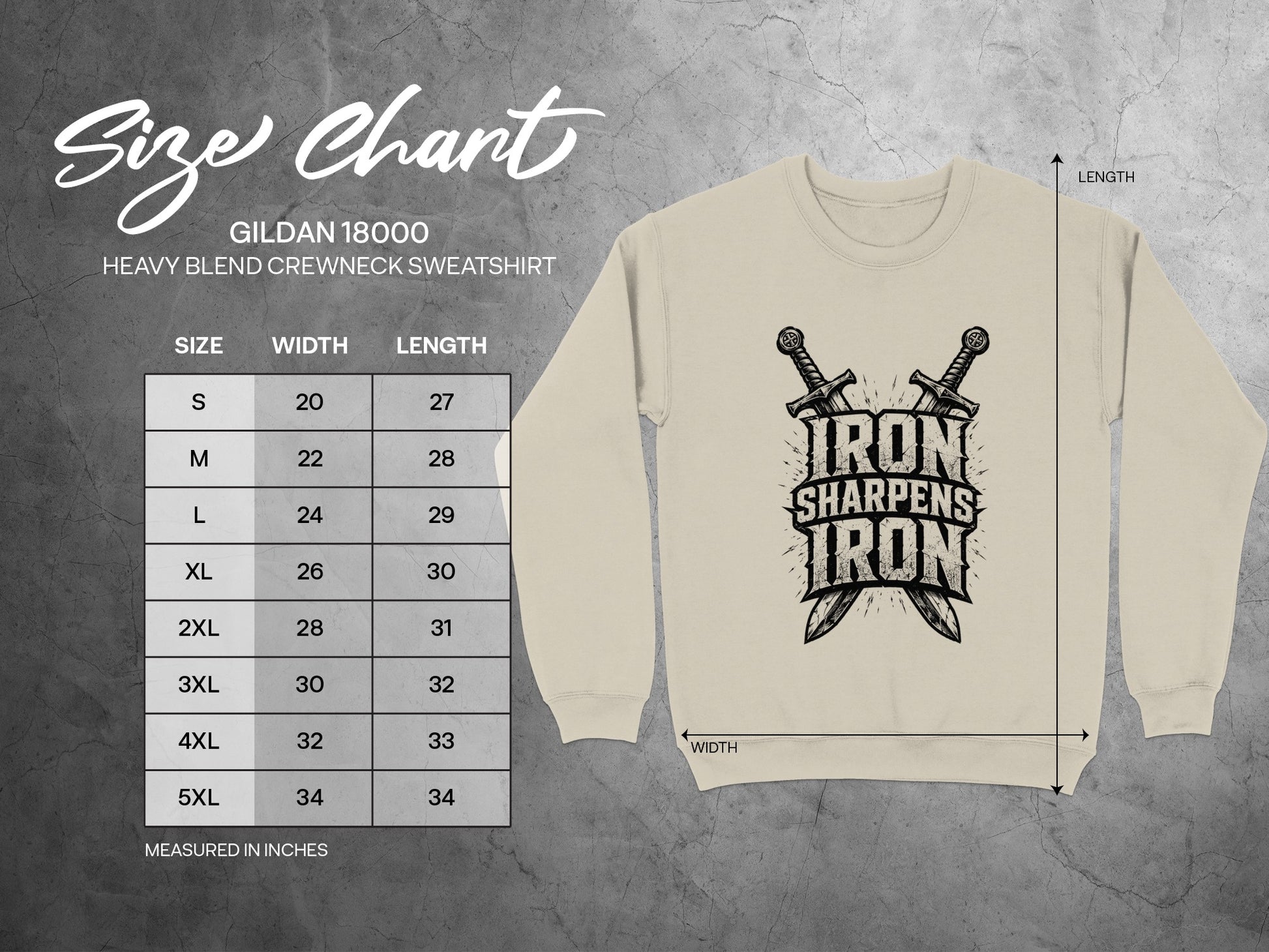 Gildan 18000 sweatshirt size chart with two crossed swords graphic.