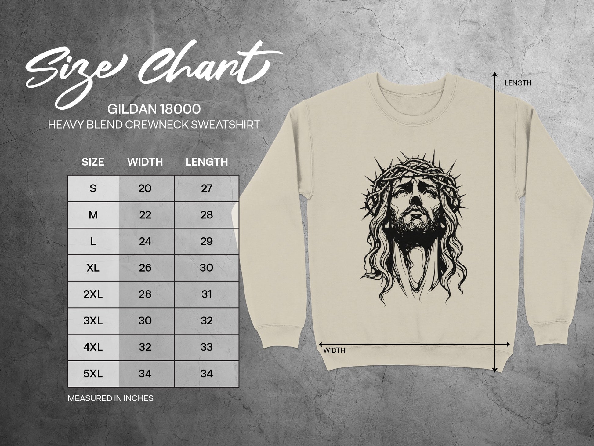 Gildan 18000 sweatshirt size chart with measurements.