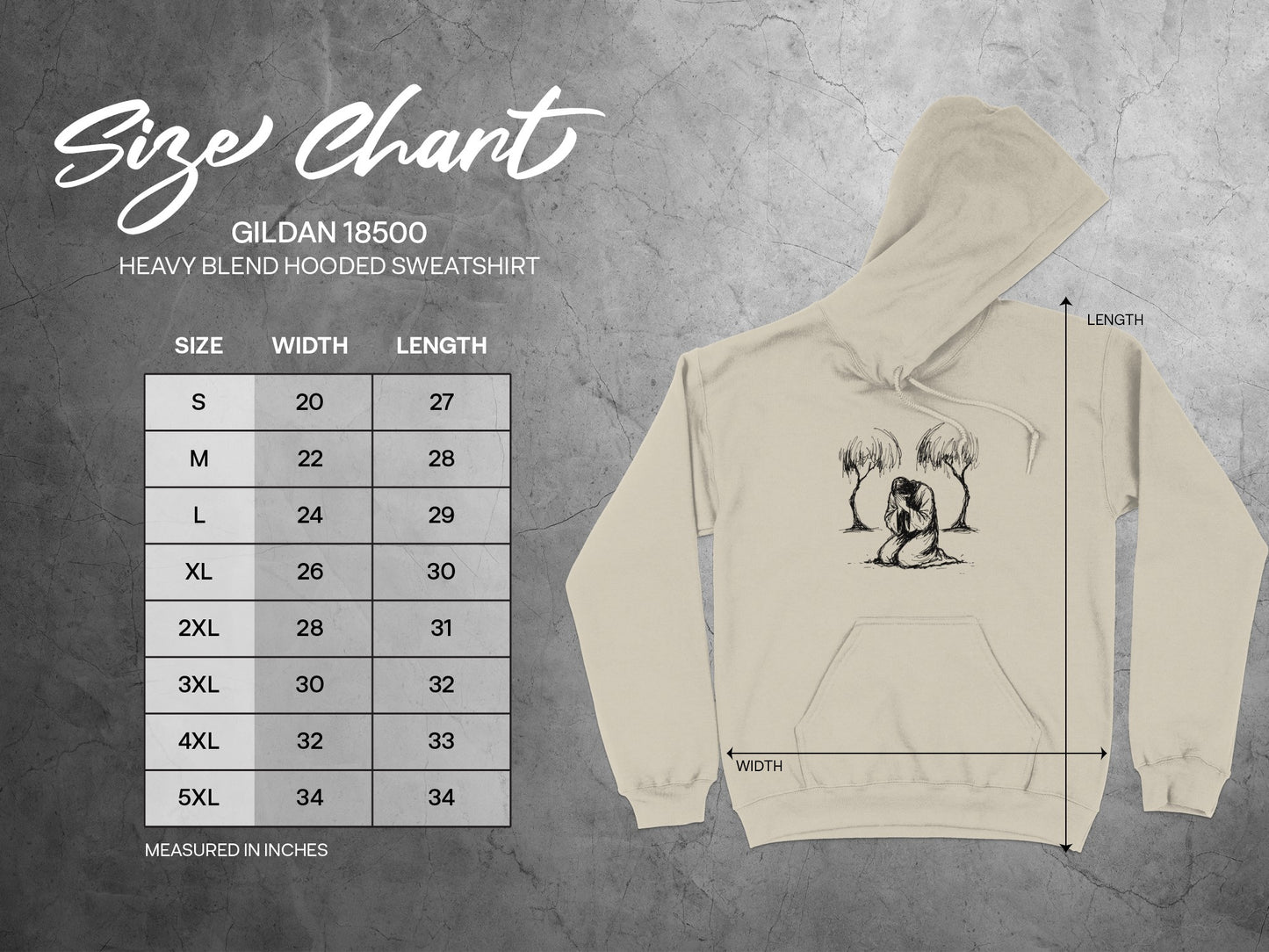 Gildan 18500 hooded sweatshirt size chart with width and length measurements.