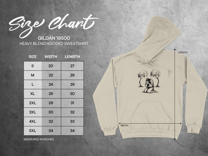 Gildan 18500 hooded sweatshirt size chart with width and length measurements.