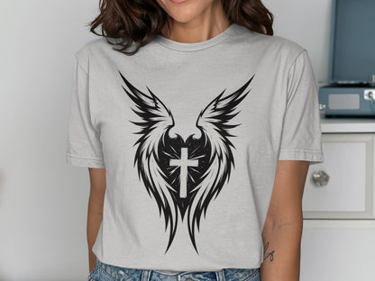 Gray graphic t-shirt with black winged cross design.