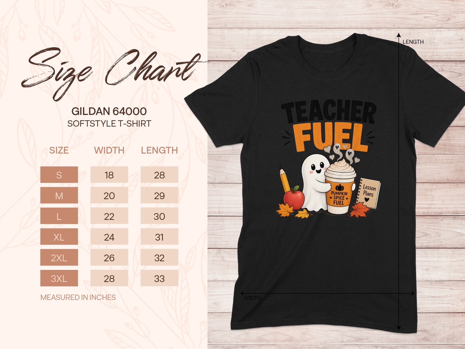 Black t-shirt with "Teacher Fuel" design and size chart with measurements.