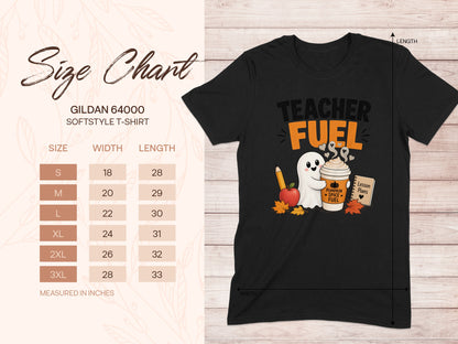 Black t-shirt with "Teacher Fuel" design and size chart with measurements.