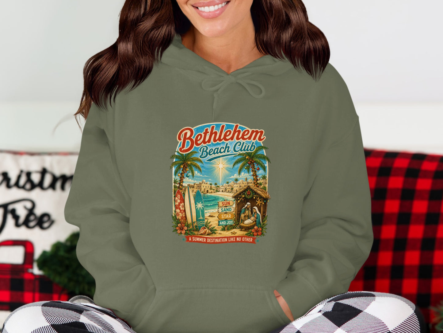 Bethlehem Beach Club graphic with nativity scene and beach elements.