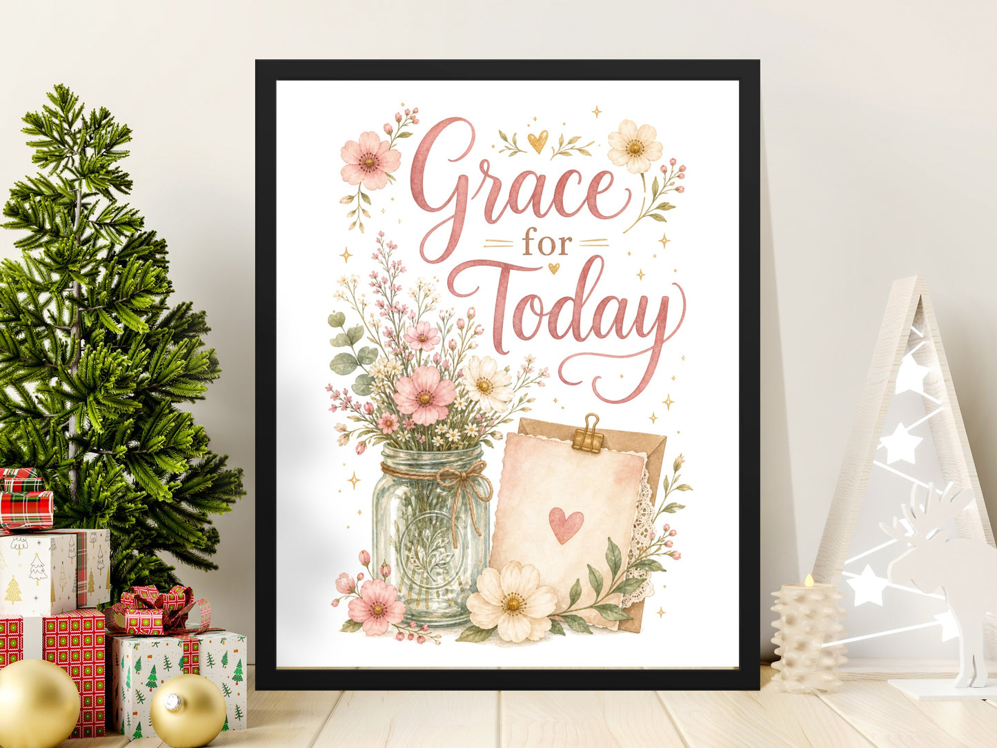 Watercolor wall art with pink floral bouquet and "Grace for Today" text.