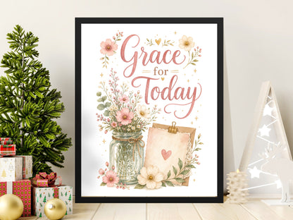 Watercolor wall art with pink floral bouquet and "Grace for Today" text.