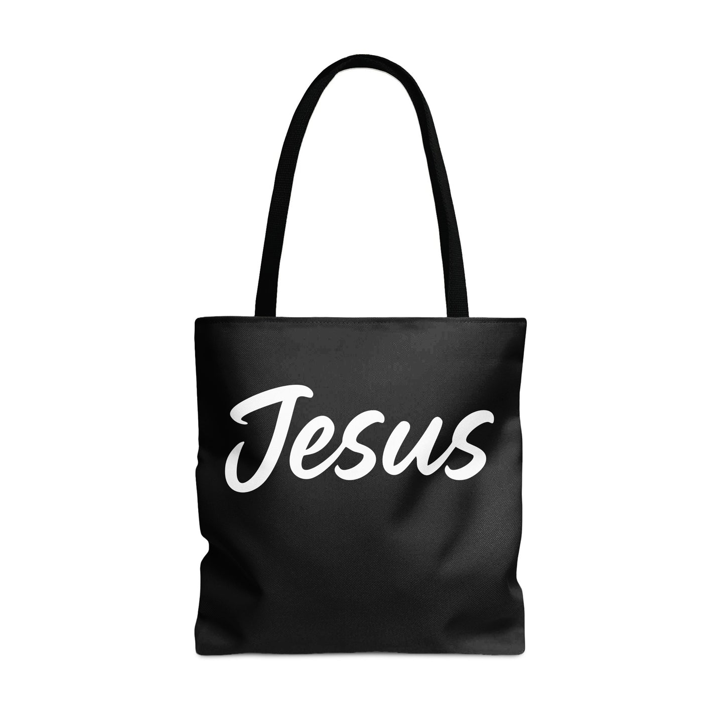 Black tote bag with white cursive text that reads "Jesus".