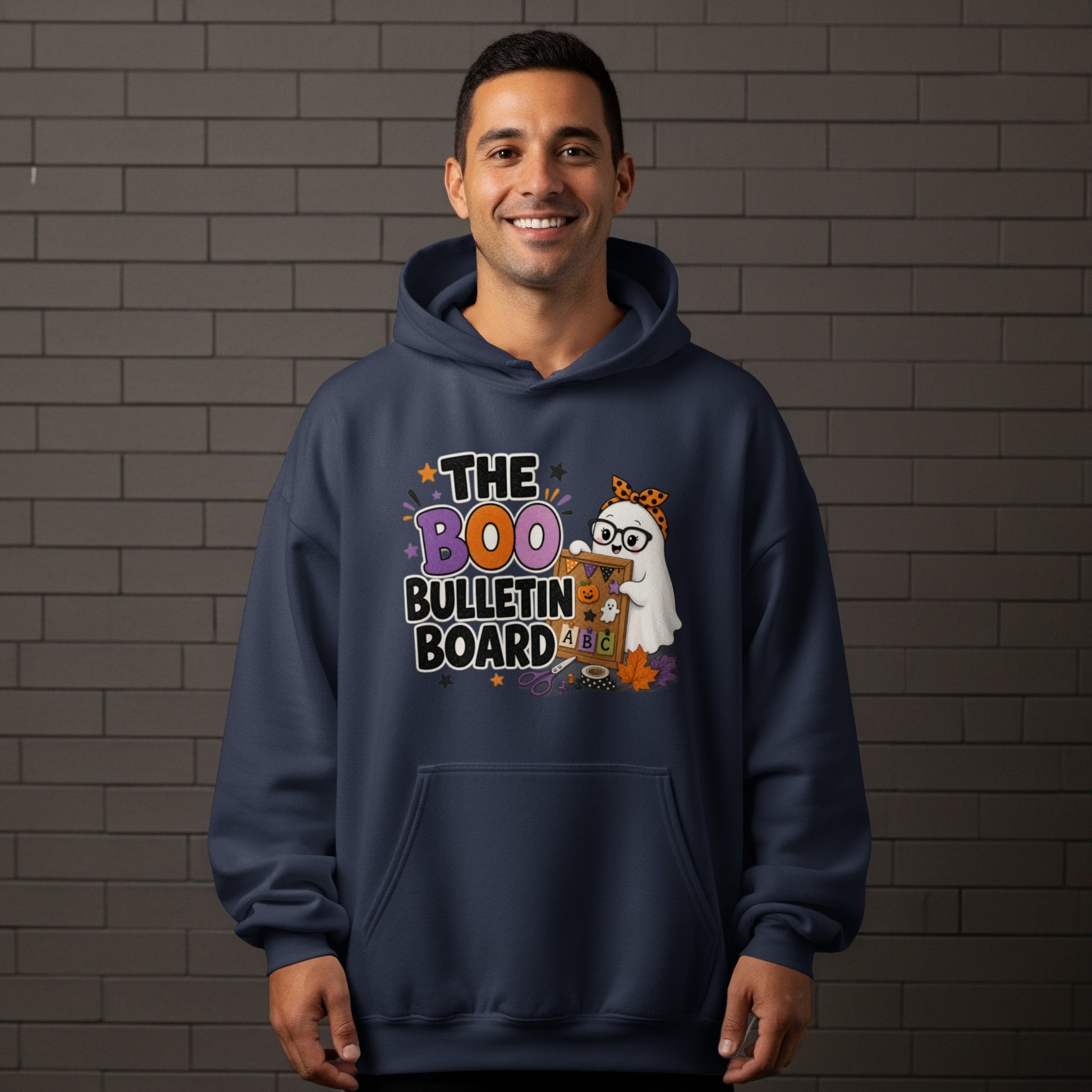 Graphic on hoodie: "The Boo Bulletin Board" with a ghost holding a bulletin board.