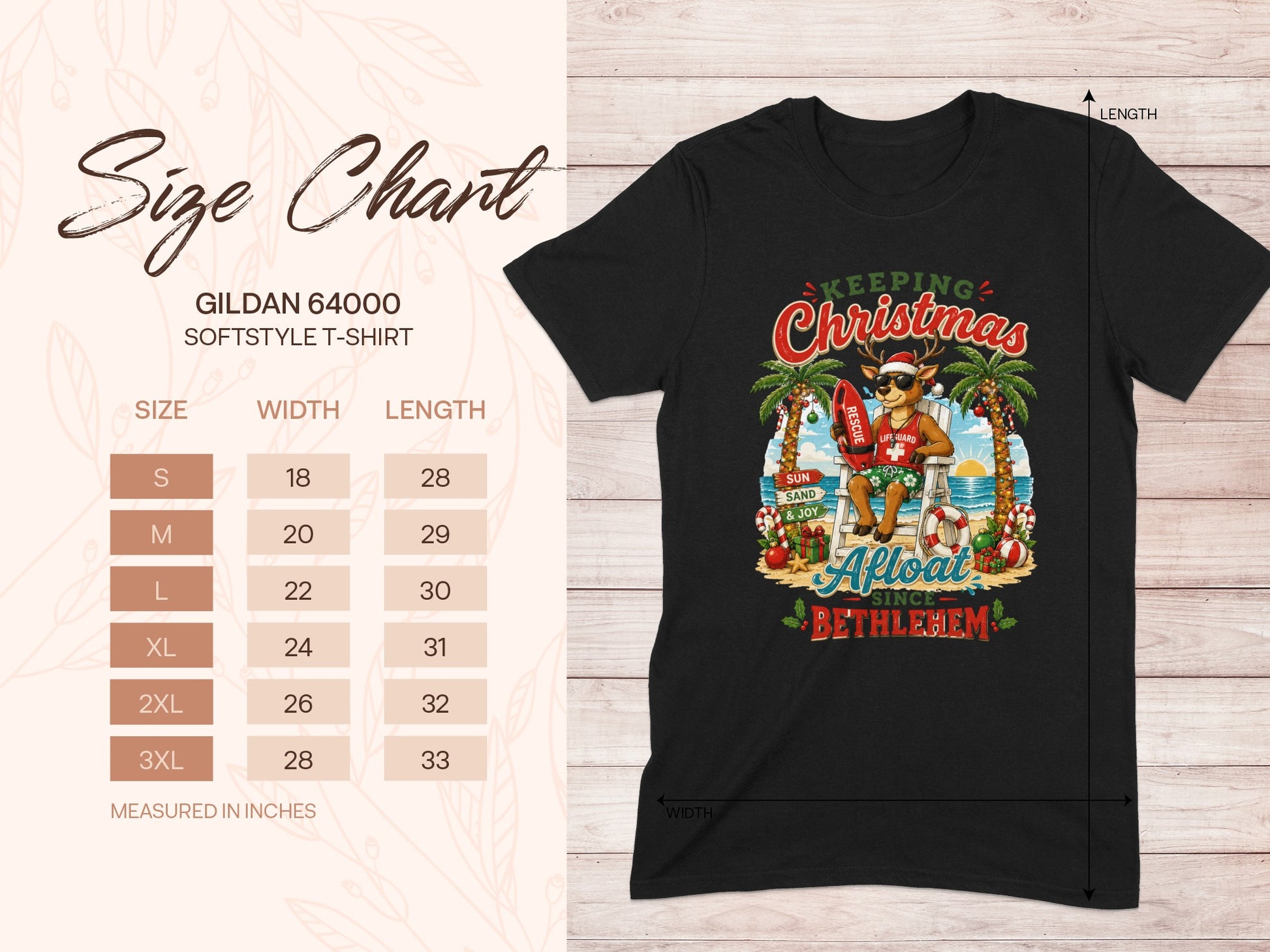 Gildan 64000 softstyle t-shirt size chart with measurements and graphic.