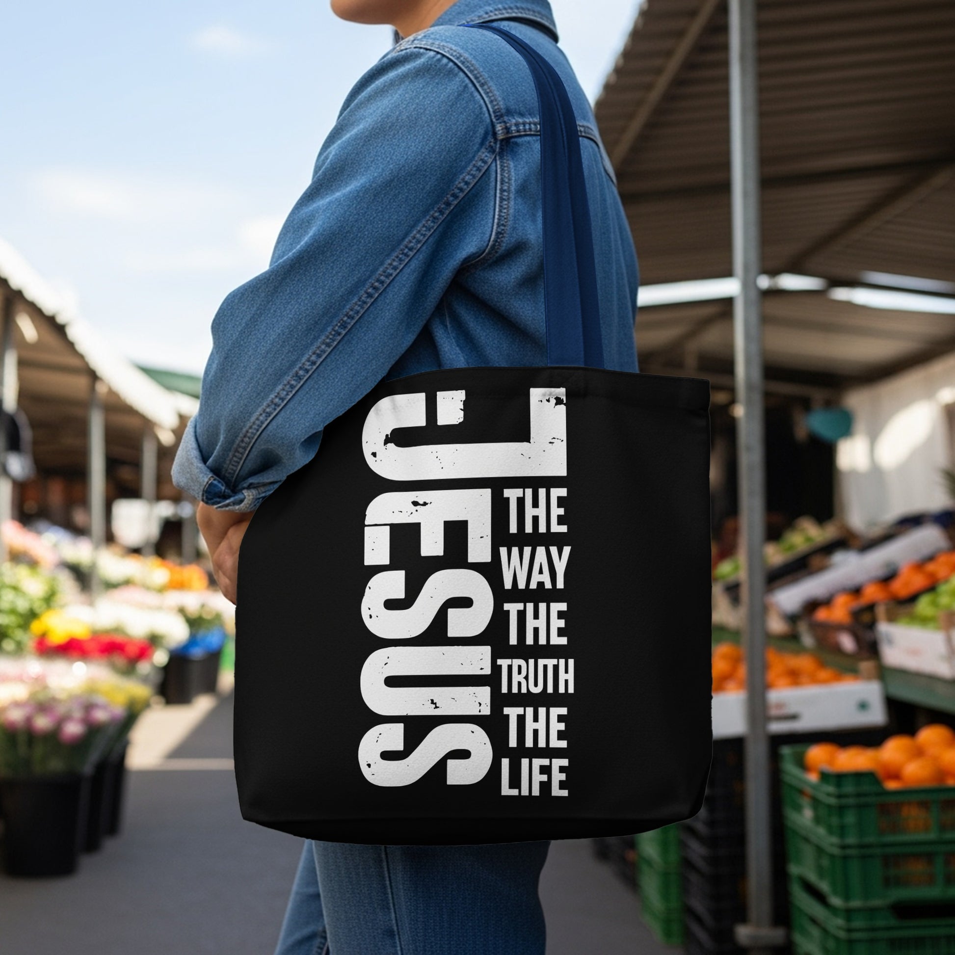 Black tote bag with "JESUS THE WAY THE TRUTH THE LIFE" text.