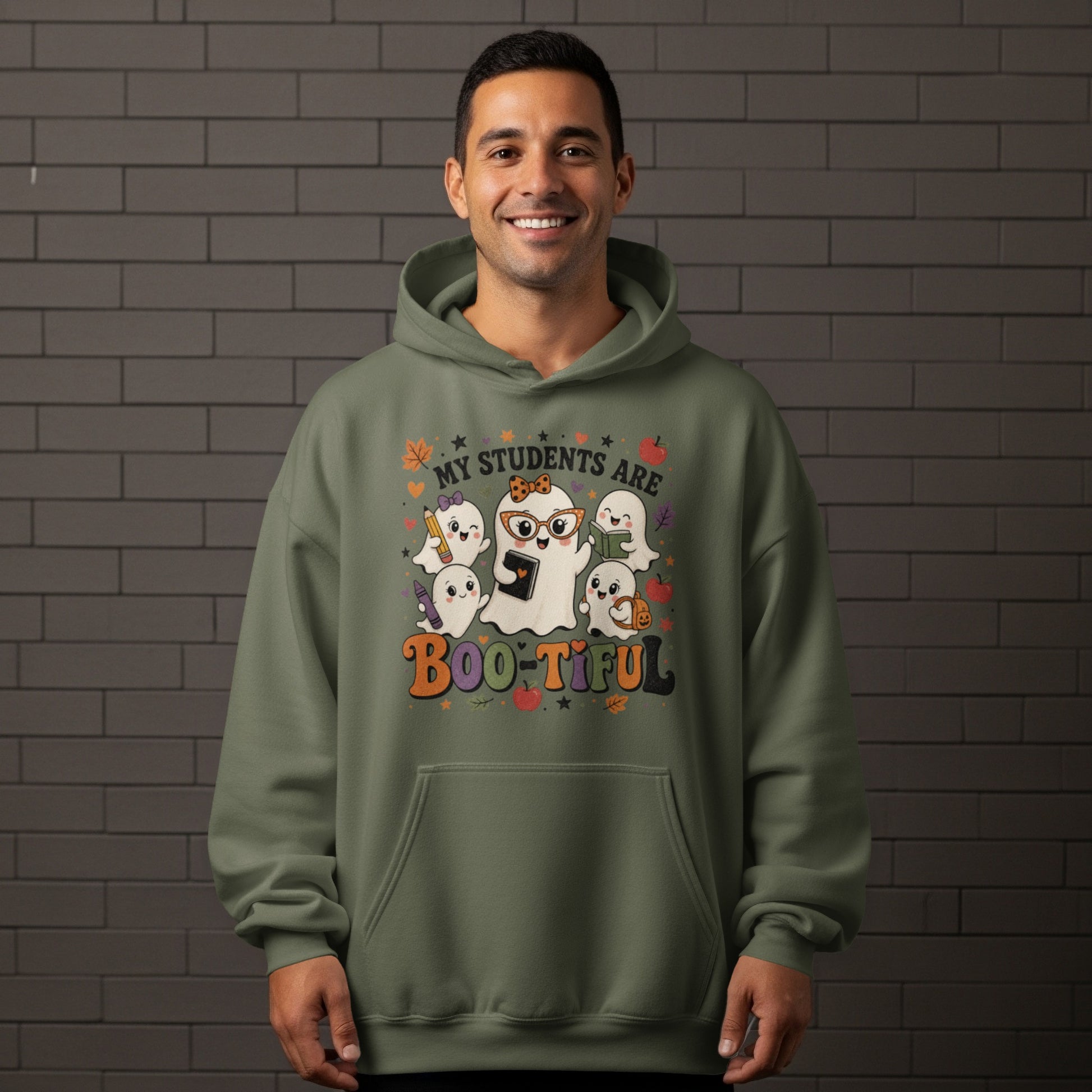 Green hoodie with "My Students Are Boo-tiful" text and cute ghosts.