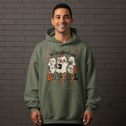 Green hoodie with "My Students Are Boo-tiful" text and cute ghosts.