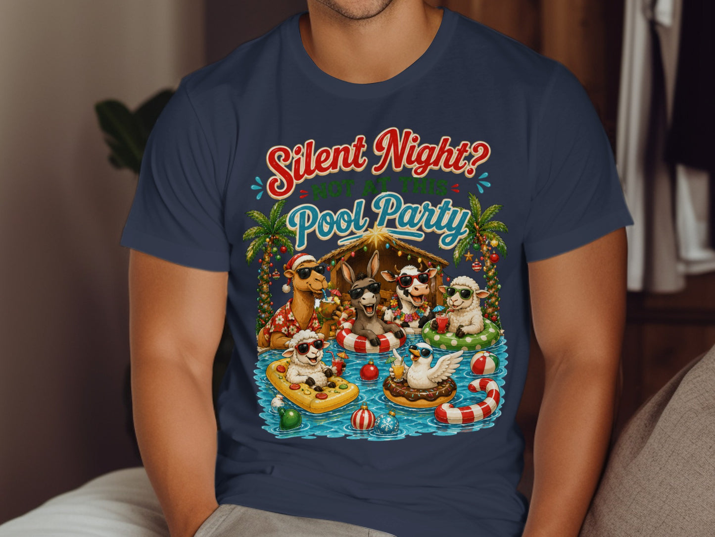 Animals in a pool with "Silent Night? Pool Party" text.