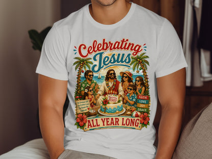White t-shirt with "Celebrating Jesus" graphic, palm trees, cake, and text.
