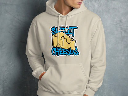 Cream hoodie with "Sweet Cheesus" text and a cartoon cheese slice graphic.