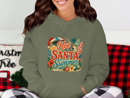Green hoodie with "Hot Santa Summer" holiday beach graphic.