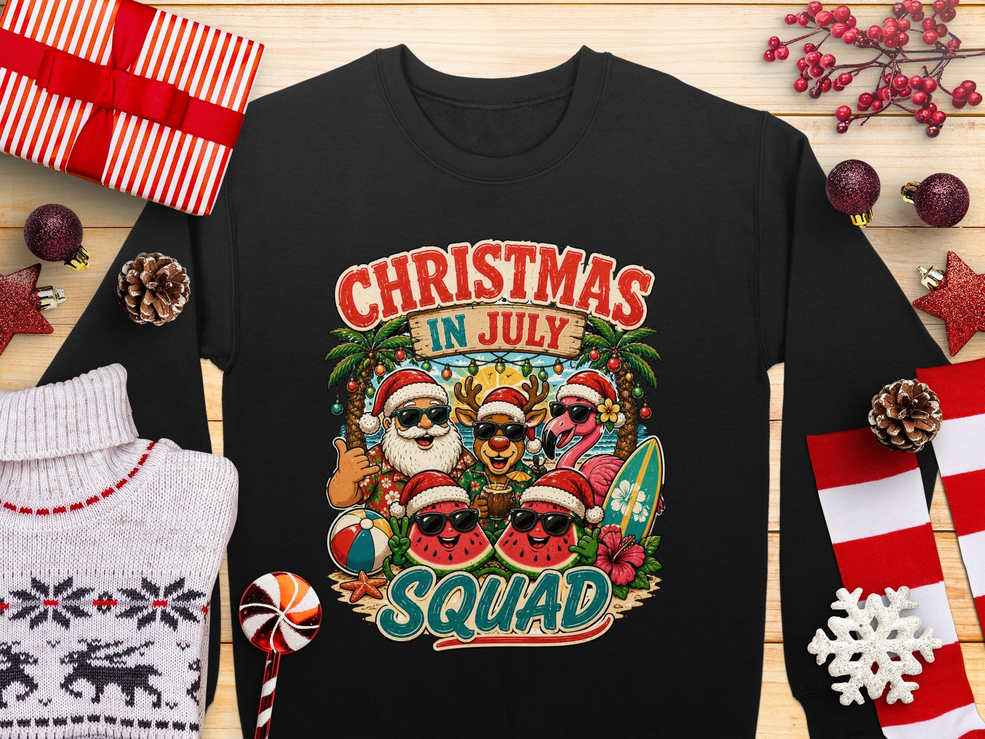Christmas in July Squad graphic on a black sweatshirt with tropical elements.