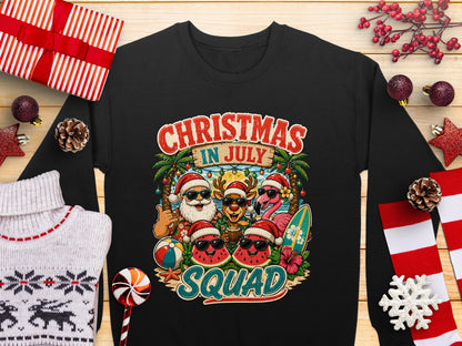 Christmas in July Squad graphic on a black sweatshirt with tropical elements.