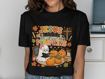 Black t-shirt with "Jesus Loves My Little Pumpkins" graphic featuring a ghost and pumpkins.