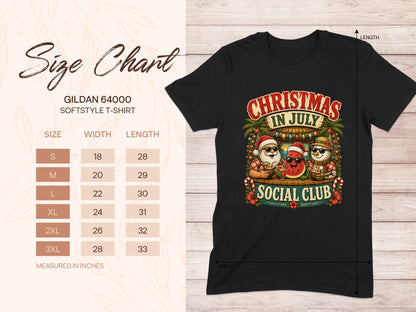 Gildan 64000 size chart and t-shirt with "Christmas in July" graphic.