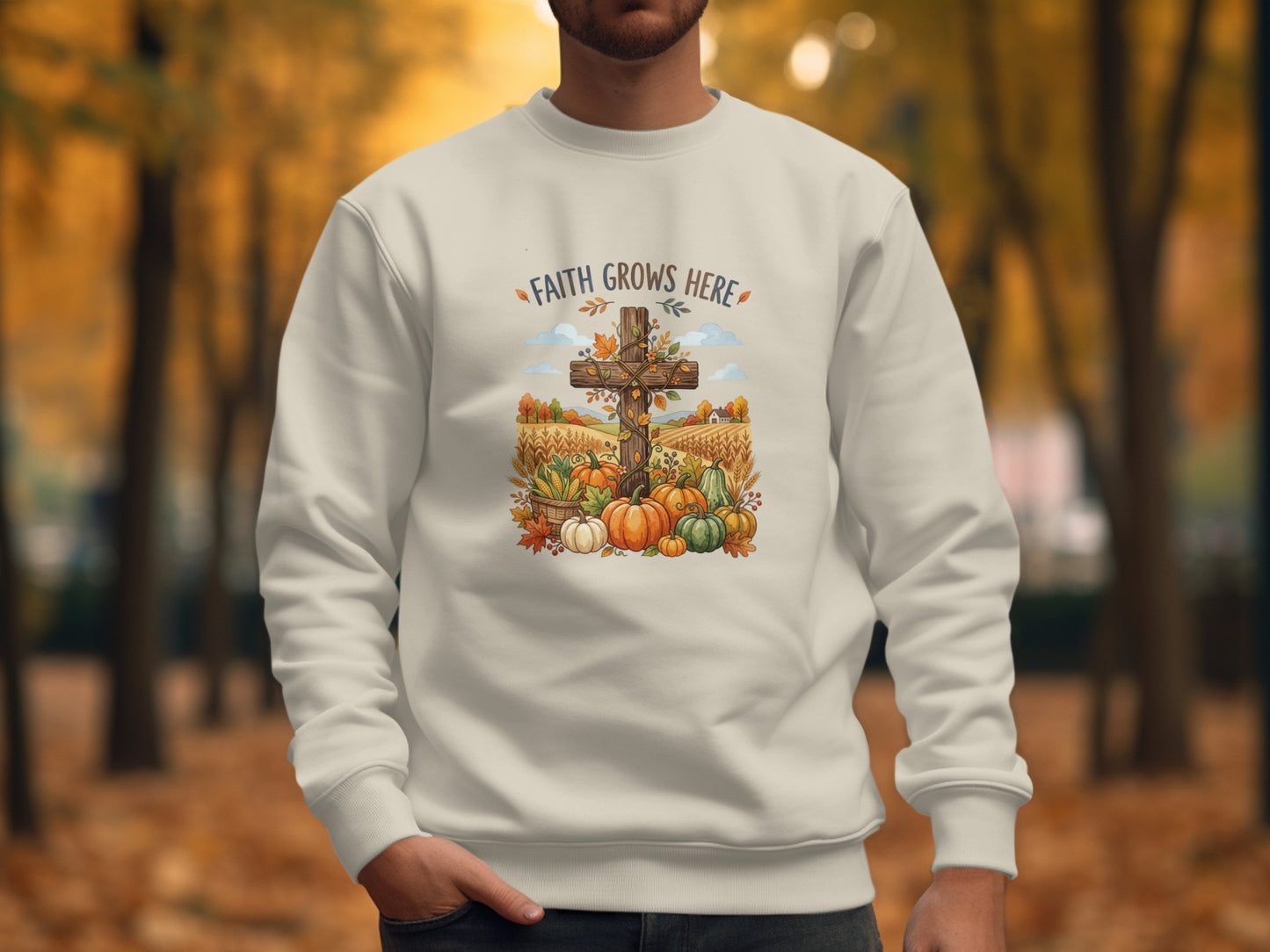 Cream sweatshirt with autumn harvest and cross graphic: "Faith Grows Here."