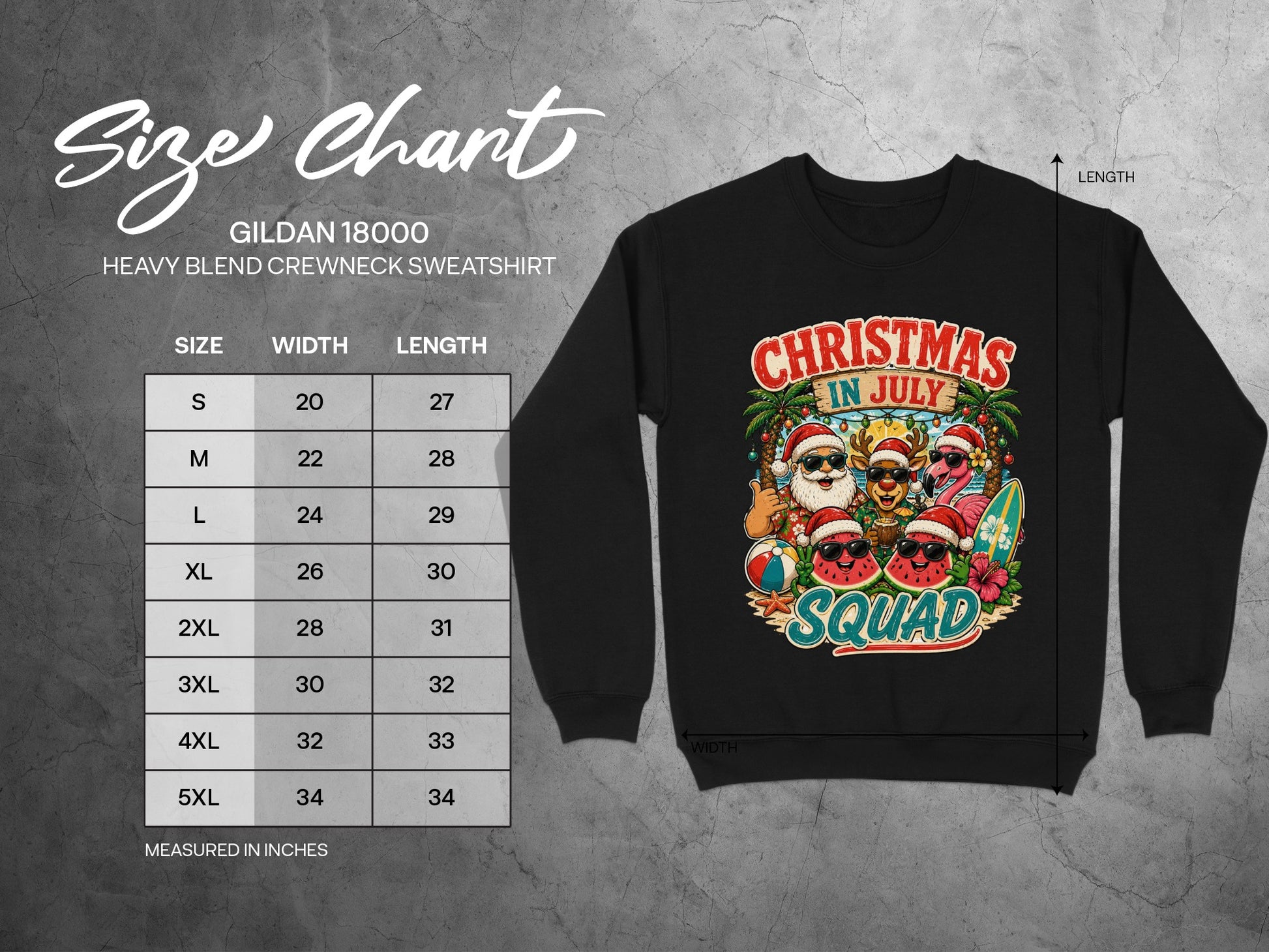 Gildan 18000 sweatshirt size chart with Christmas in July graphic.