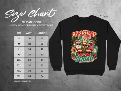 Gildan 18000 sweatshirt size chart with Christmas in July graphic.