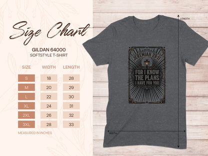 Gildan 64000 t-shirt size chart with Jeremiah 29:11 graphic.
