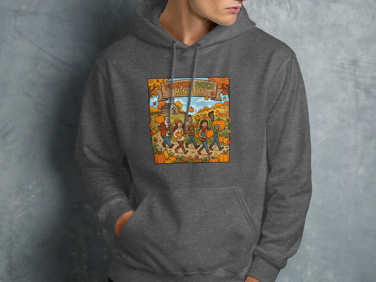 Illustration of people walking through a pumpkin patch in fall.