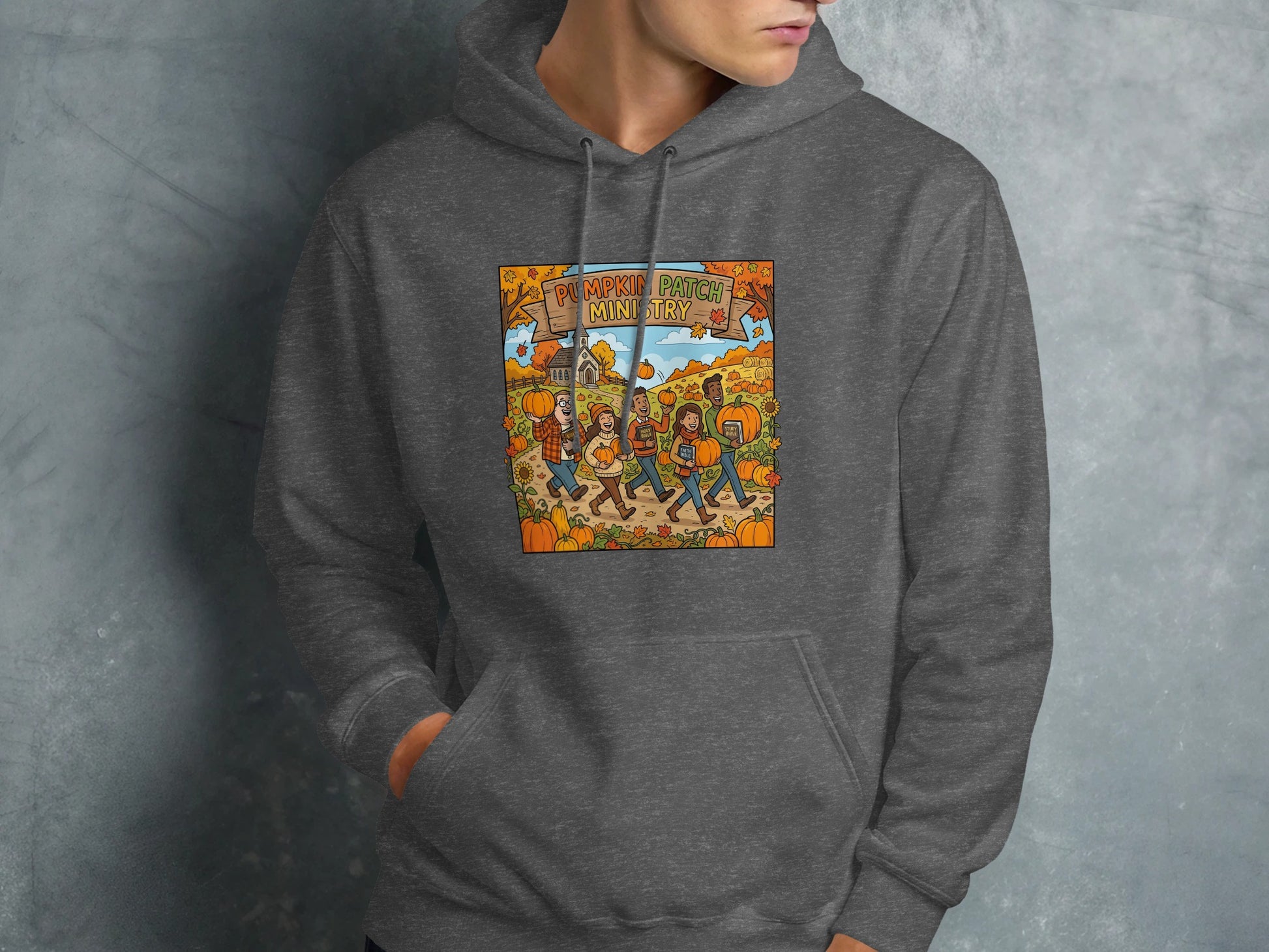 Illustration of people walking through a pumpkin patch in fall.