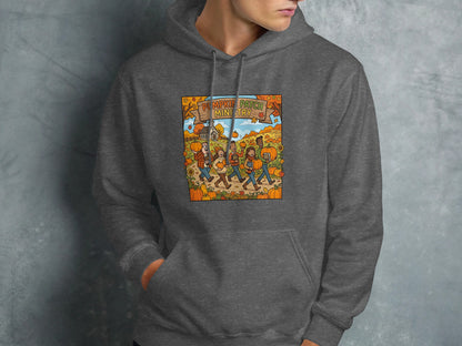 Illustration of people walking through a pumpkin patch in fall.