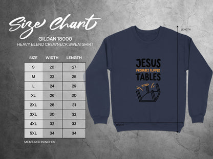 Gildan 18000 sweatshirt size chart with Jesus flipped tables graphic.