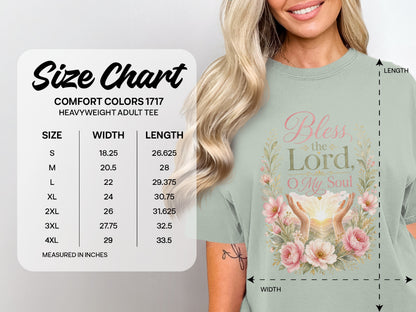 Comfort Colors 1717 size chart with width and length measurements, featuring a t-shirt graphic.