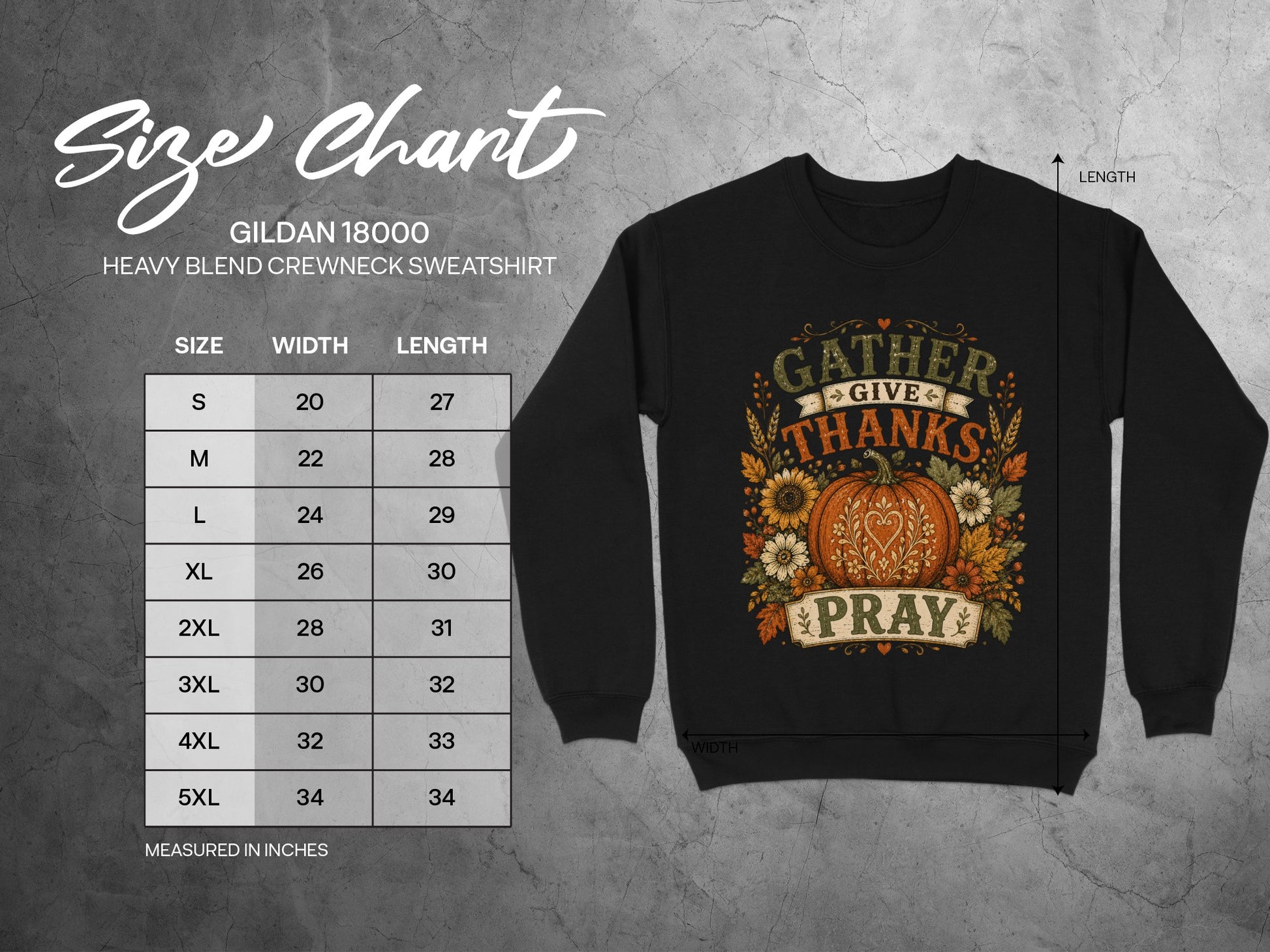 Gildan 18000 sweatshirt size chart with measurements and graphic.