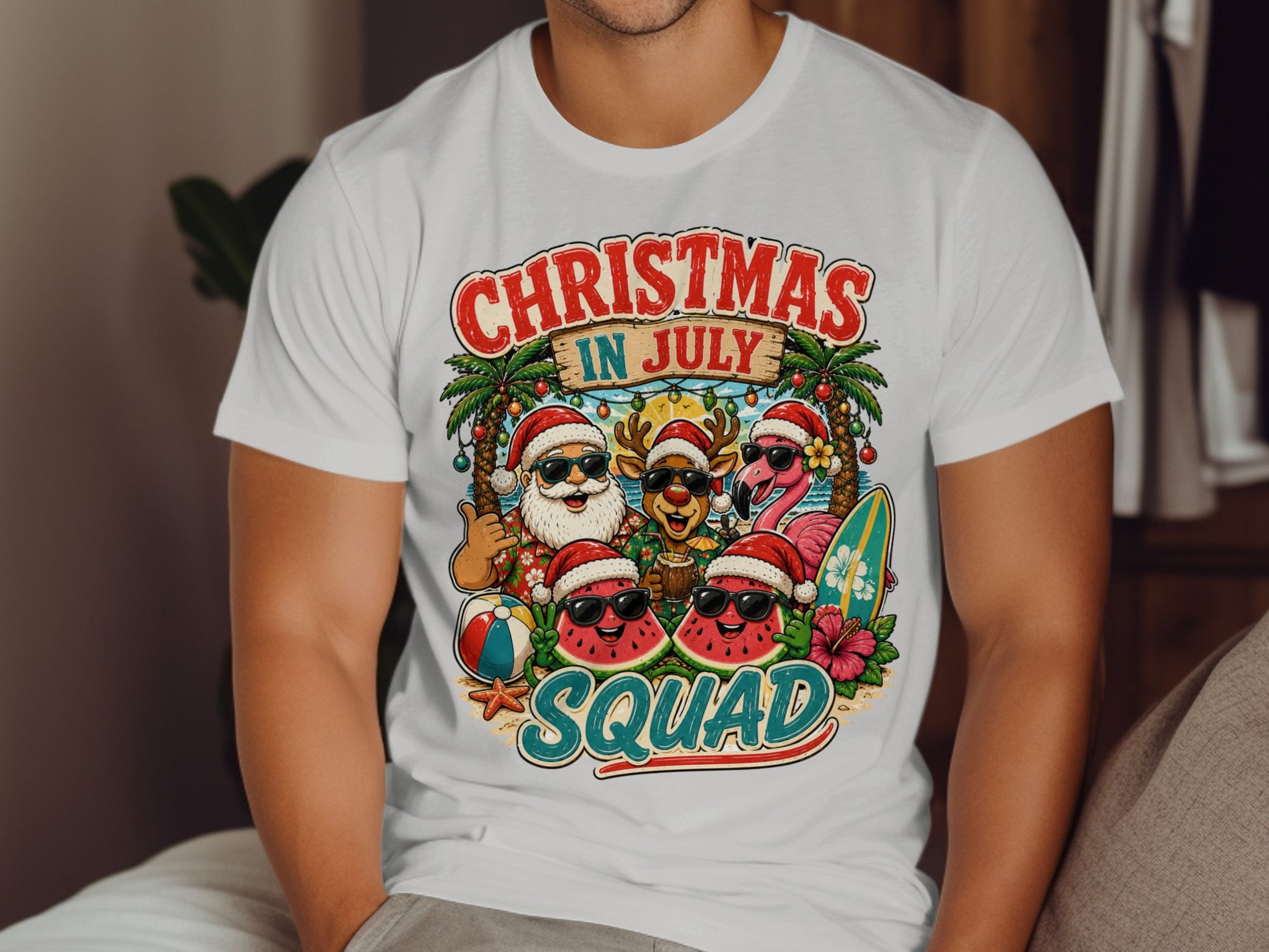 Christmas in July Squad graphic on a white t-shirt with Santa, reindeer, and watermelon.