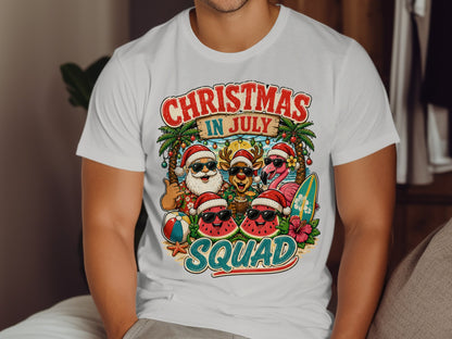 Christmas in July Squad graphic on a white t-shirt with Santa, reindeer, and watermelon.