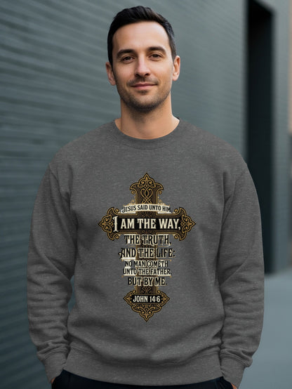 Grey sweatshirt with a decorative cross featuring biblical text from John 14:6.