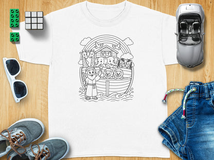 Noah's Ark with animals line drawing on a white t-shirt.