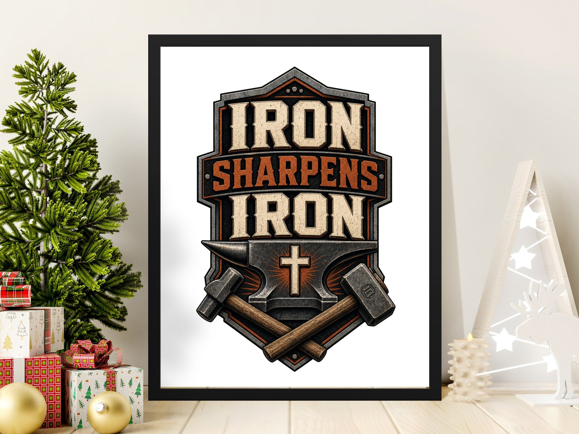 Framed art with the text "Iron Sharpens Iron" above an anvil and hammers.