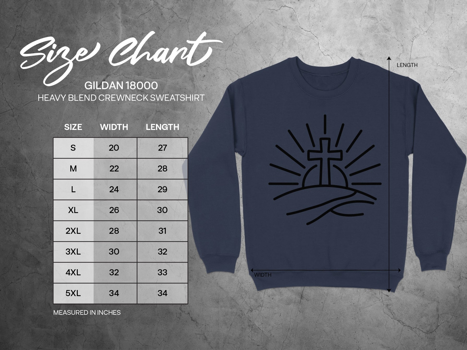 Gildan 18000 sweatshirt size chart with measurements in inches.