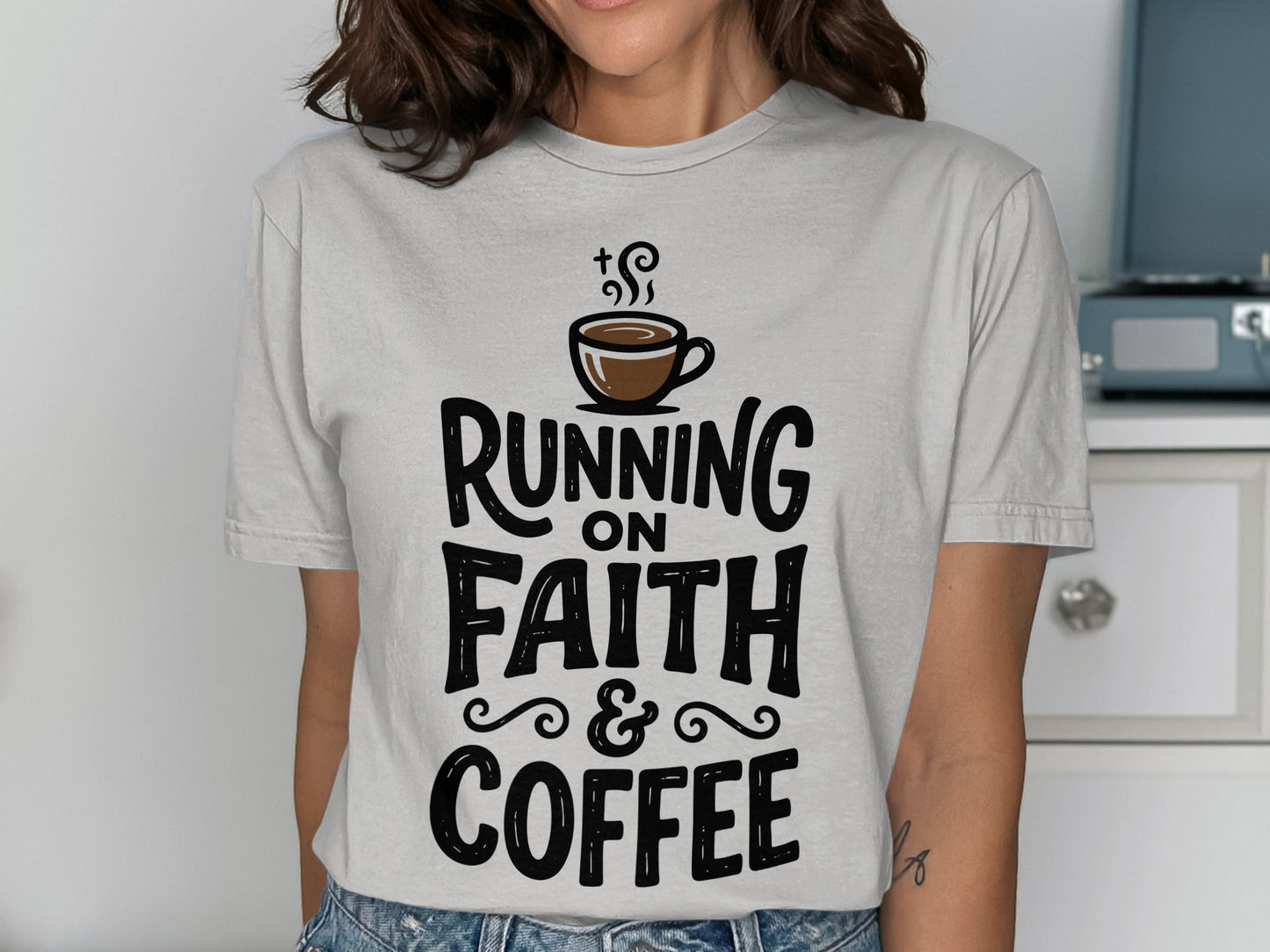 Light grey t-shirt with "Running on Faith & Coffee" text and coffee cup graphic.