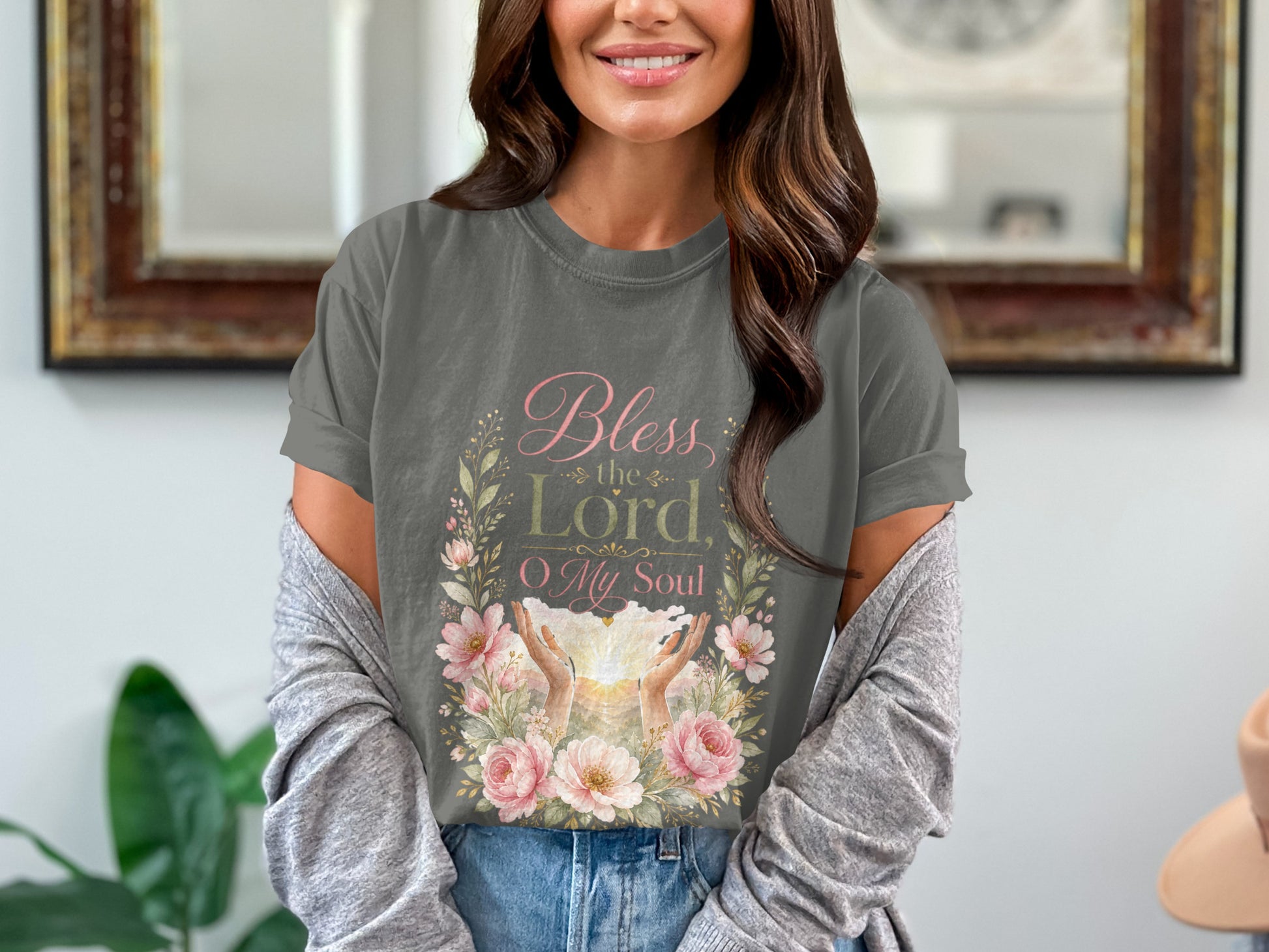 Gray t-shirt with floral design and text "Bless the Lord, O My Soul."