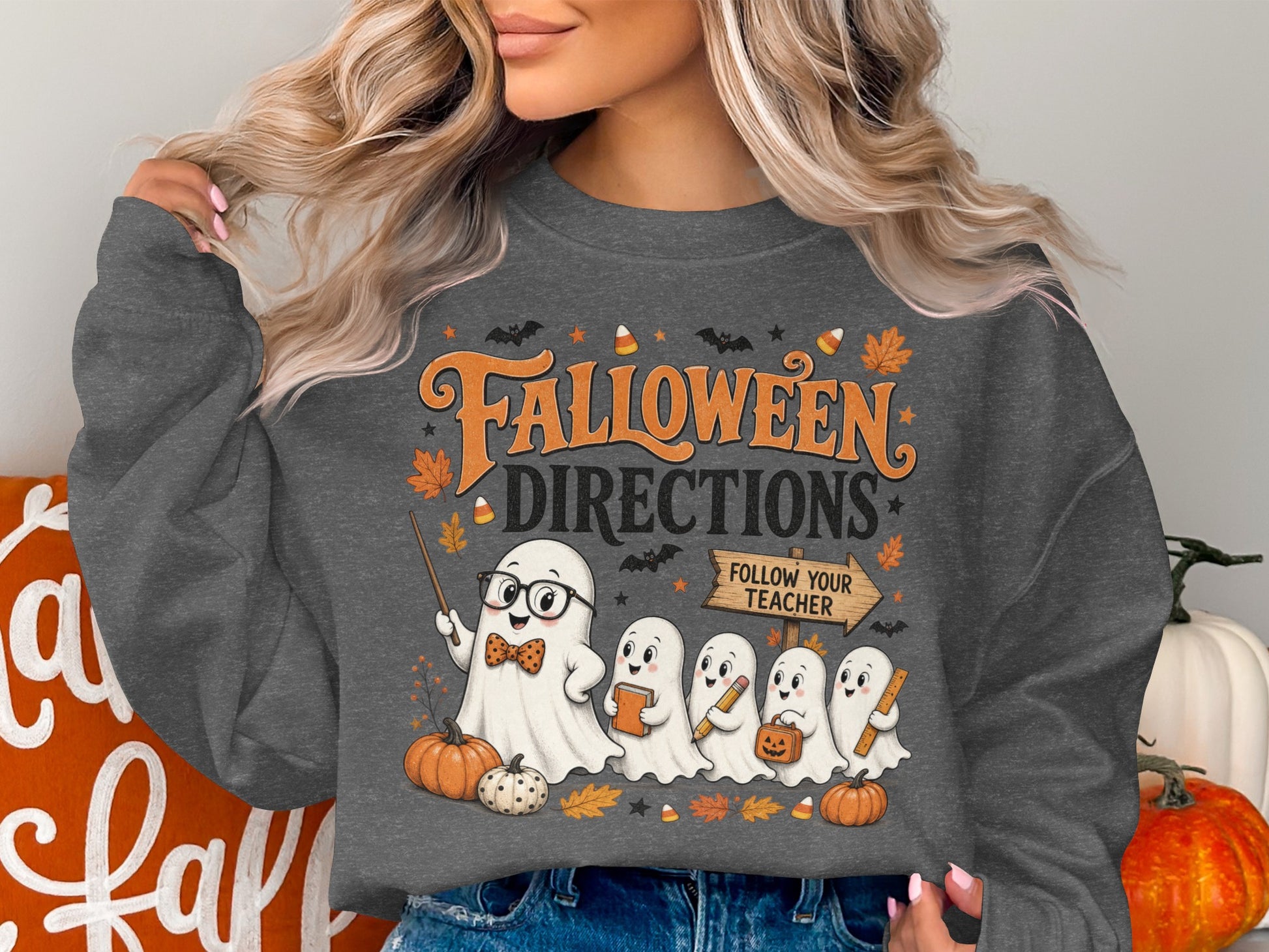 "Falloween Directions" text with ghosts, pumpkins, bats, and leaves.