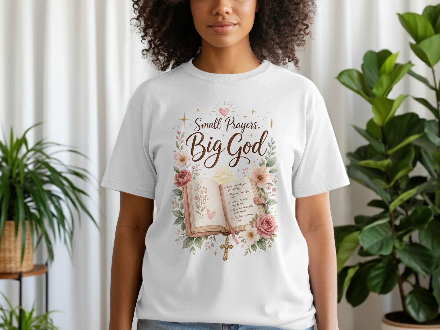 White t-shirt with "Small Prayers, Big God" and a prayer list.