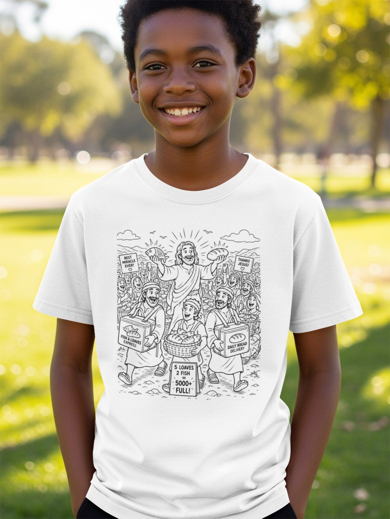 Boy in t-shirt depicting Jesus feeding a crowd with fish and loaves.