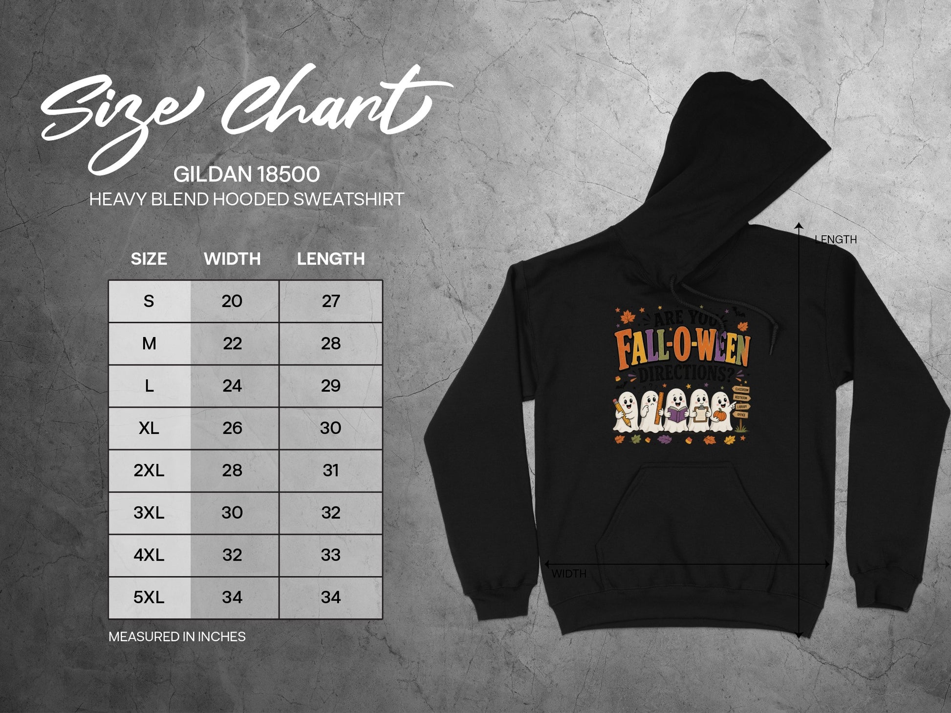 Gildan 18500 Heavy Blend hooded sweatshirt size chart with width and length measurements.