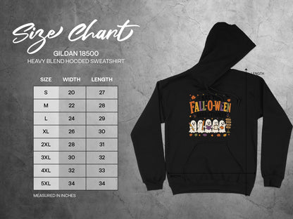 Gildan 18500 Heavy Blend hooded sweatshirt size chart with width and length measurements.