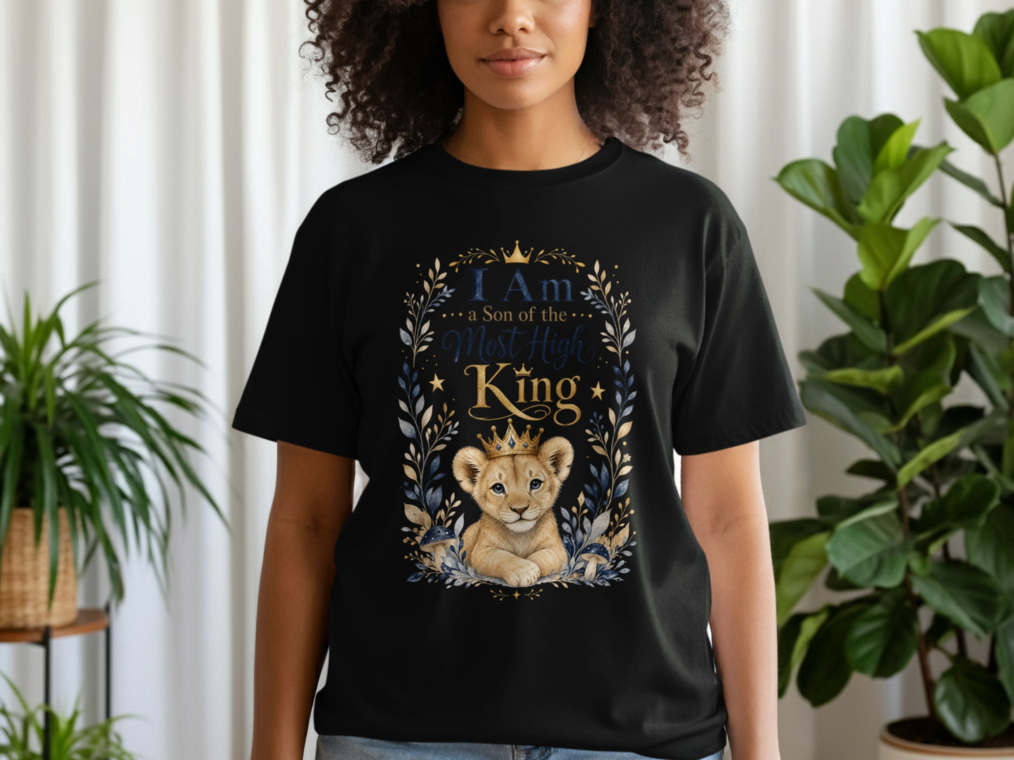 Black t-shirt with a lion cub wearing a crown and text reading "I Am a Son of the Most High King".