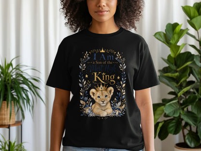 Black t-shirt with a lion cub wearing a crown and text reading "I Am a Son of the Most High King".